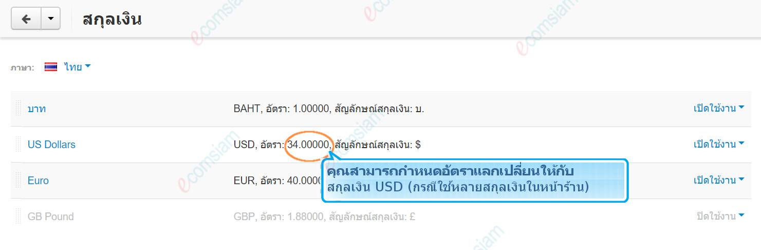 เว็บไซต์สำเร็จรูปไทย - คู่มือร้านออนไลน์ - การจัดการร้านออนไลน์-สกุลเงิน currency